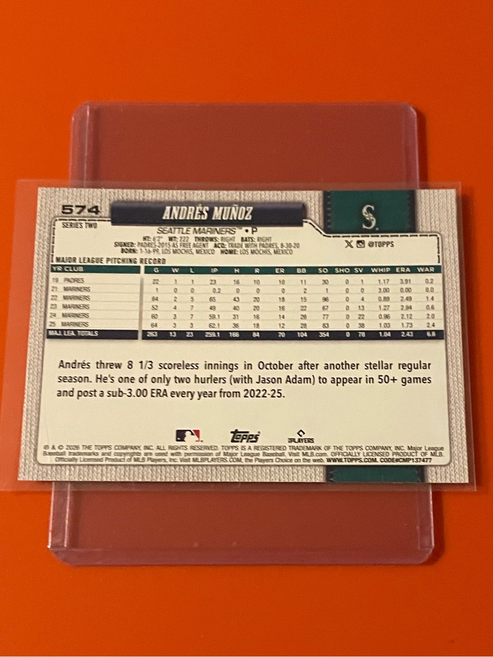 Andres Munoz #574 2026 Topps Series 2 Baseball Trading Card - Picture 2 of 2